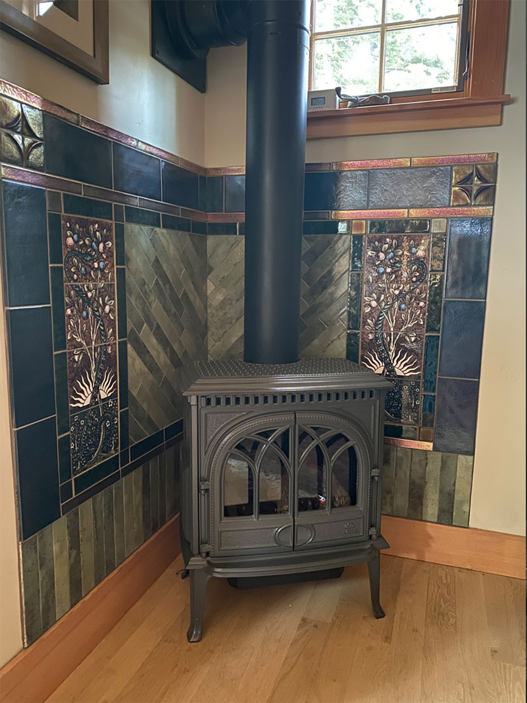 William De Morgan Tree of Knowledge fireplace Surround, Pratt and Larson field tiles