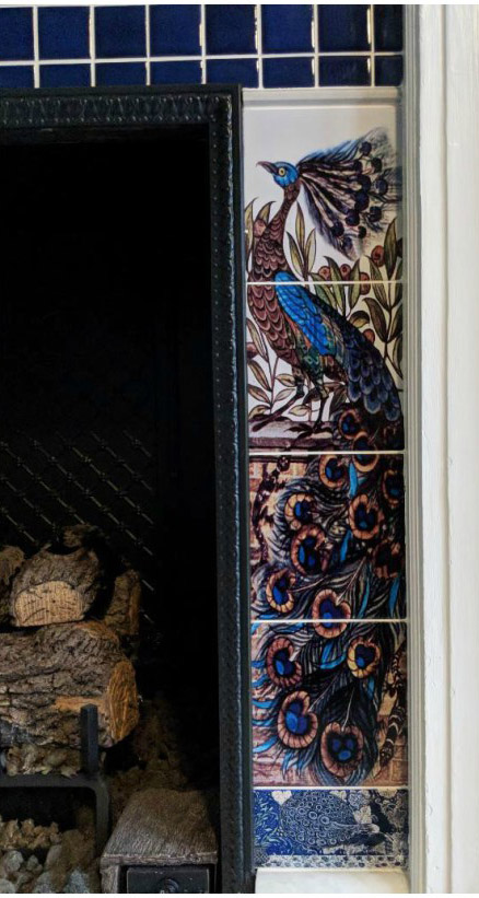 William De Morgan Peacock and Salamander fireplace, detail.  WilliamMorrisTile.com
