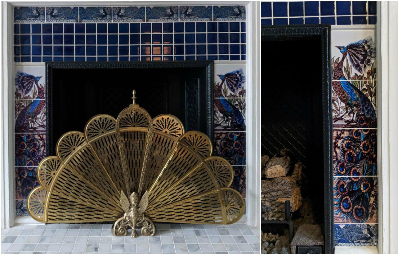 William De Morgan Victorian Fireplace, Peacocks and Salamanders