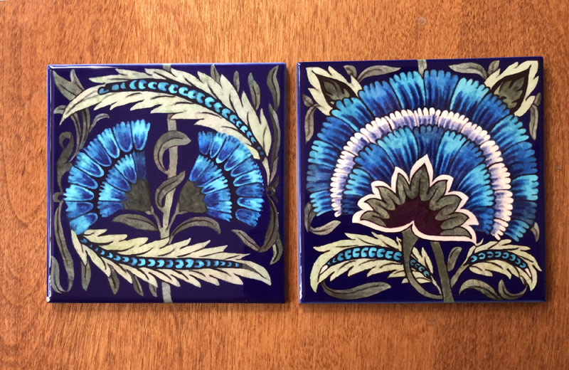 De Morgan fan and double carnation tiles on cobalt background.