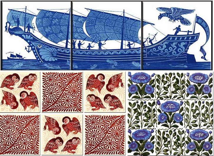 De Morgan Chelsea Tiles: Red lustre barn owls, three-tile_galleon with phoenix, Beford Park Daisy