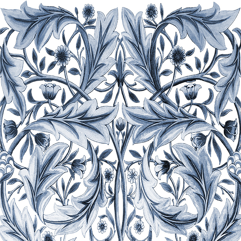 William Morris Membland Acanthus Swirls variation, blue and white