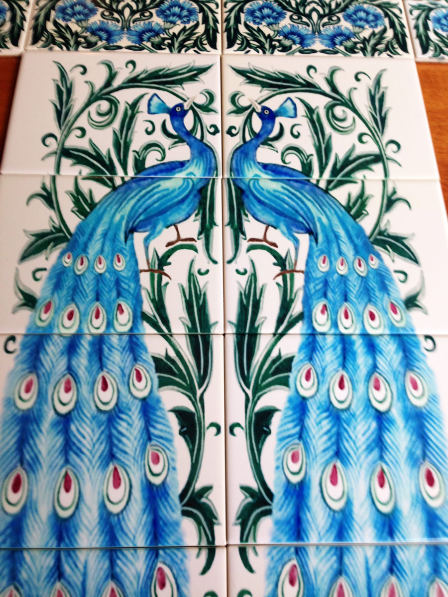 Custom De Morgan peacock fireplace