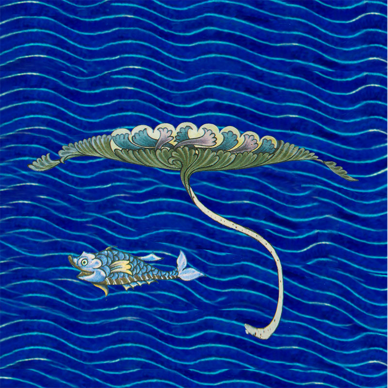 Turquoise fish and water lily, for De Morgan fireplace tile, with water