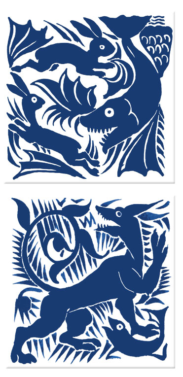 Early Art Nouveau tiles, William De Morgan: Shark and hares, Dog and Fish