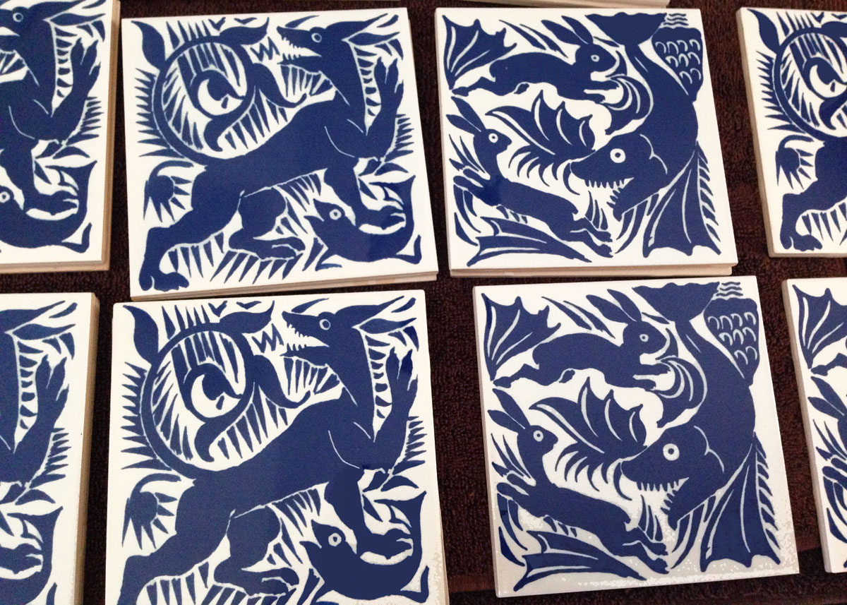 William De Morgan early Art Nouveau tiles, blue and white creatures. William Morris Tile