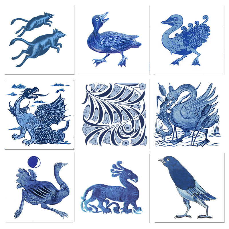 From top left: leaping rats, Complaining duck, Curly feathered duck, Dragon with clouds, Solomon Seal, Fish for Dinner, Ostrich by Moonlight, Strutting Turkey, Alternative Hawk. William De Morgan blue and white birds and beasts tiles. WilliamMorrisTile.com