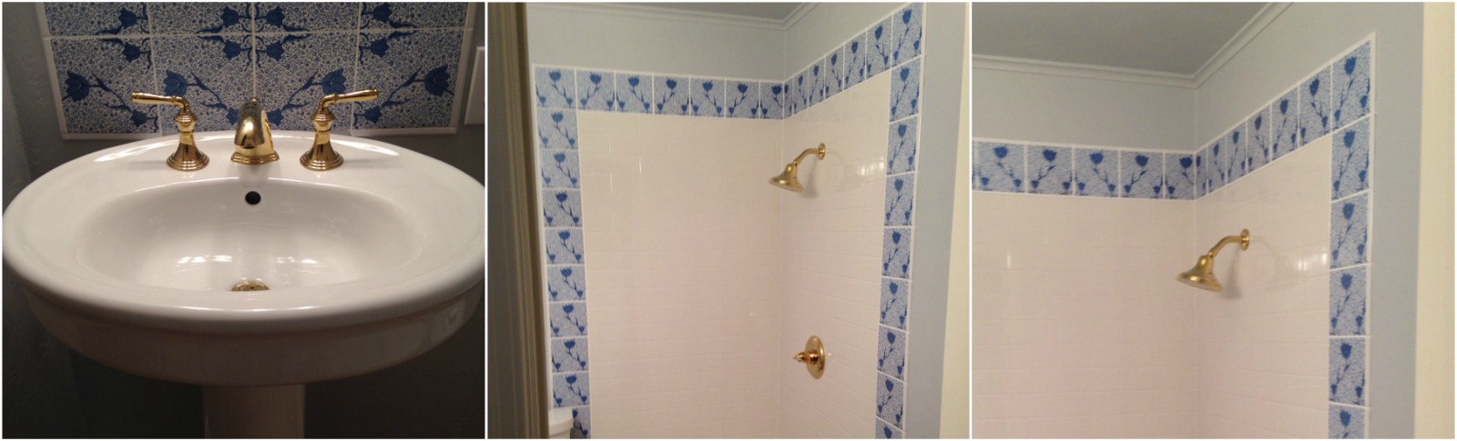 William Morris Medway (tulip vine pattern in six-inch blue and white tiles outlining a guest shower installed in Prairie Village, Kansas