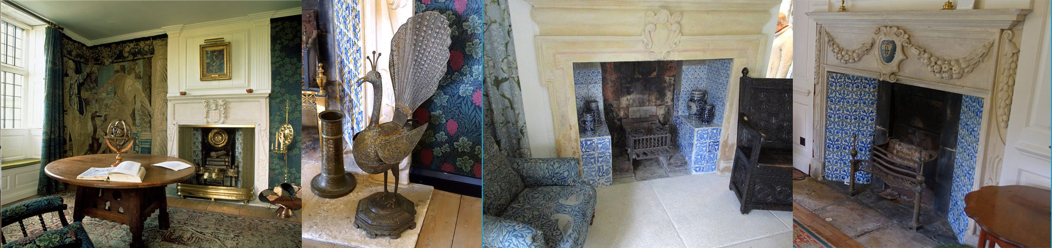 Kelmscott Manor Fireplaces. From left: Tapestry Room, Green Drawing Room, White Paneled Drawing Room