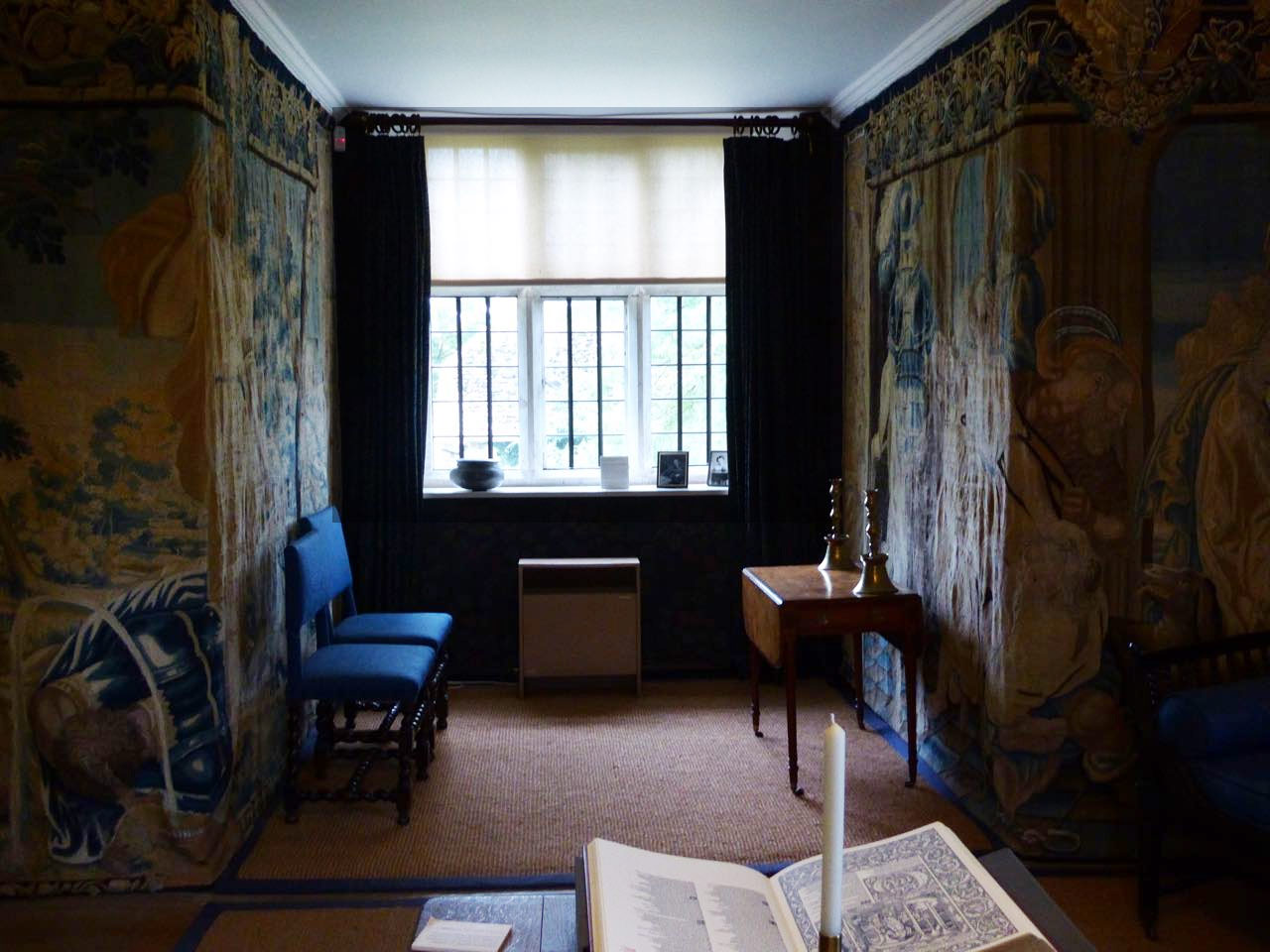 Tapestry room at Kelmscott Manor with Rossetti table.
