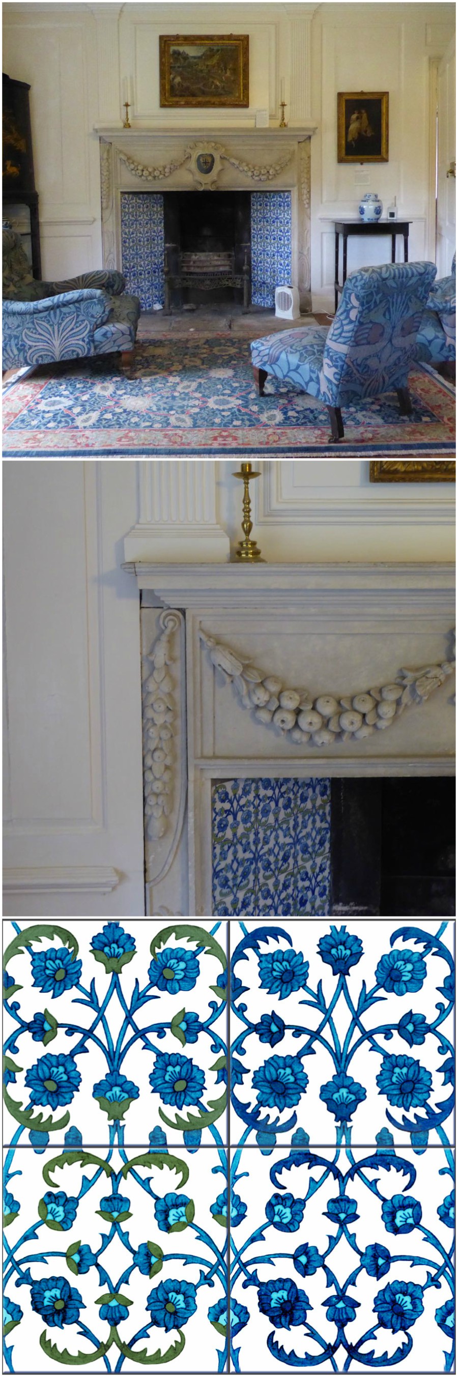Morris and Co. White Paneled Drawing Room with Persian Diaper fireplace tiles