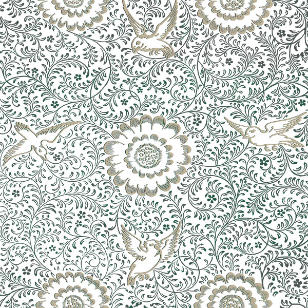 Birds and Betrayal based on cover design by William Morris and Philip Webb for The Saga of the Volsungs and Niblungs, green and gold on white. williammorristile.com