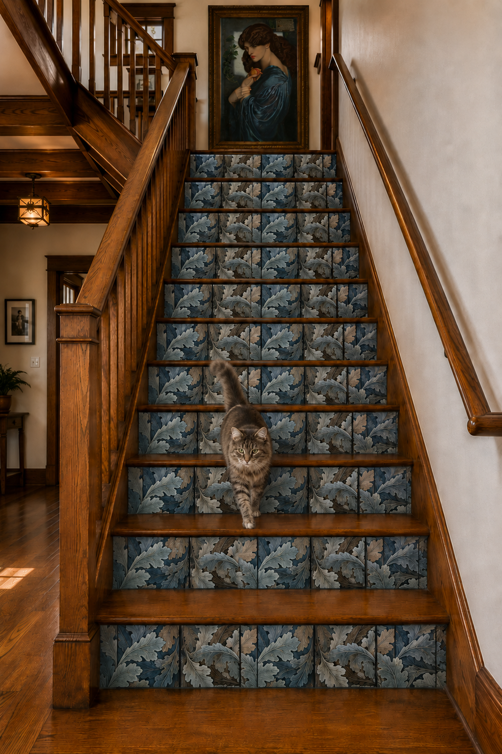 William Morris Acanthus staircase with Maine Coon Cat