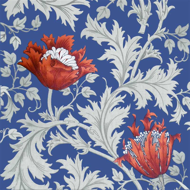 Poppy Anemone Border Tile, red on cobalt