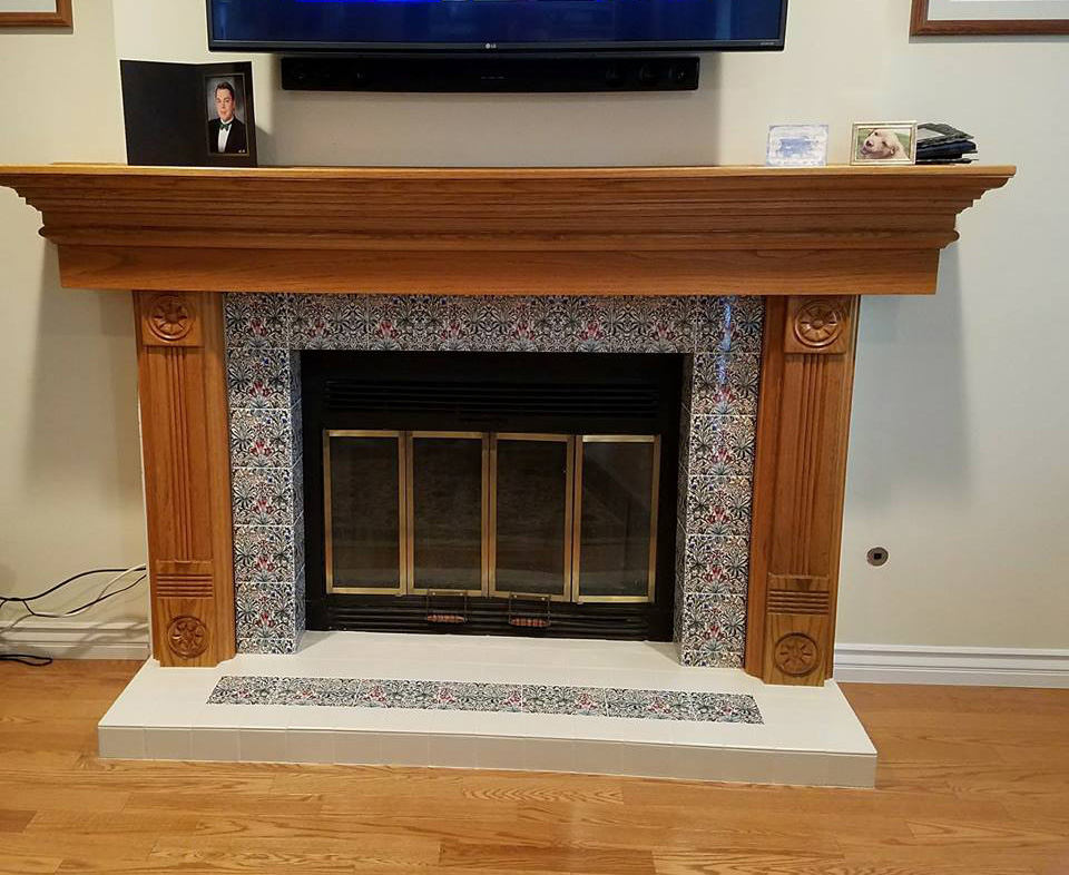 Woodland Weeds fireplace, 6 inch tiles, cream background.