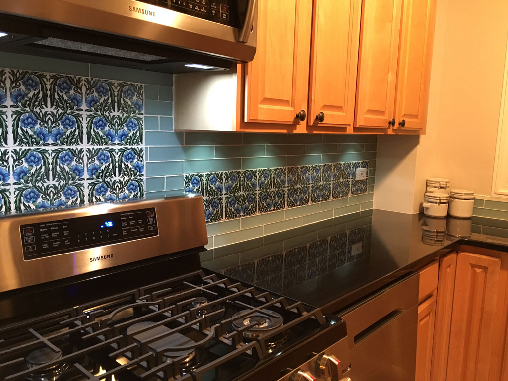 William De Morgan 8 inch tiles in kitchen backsplash