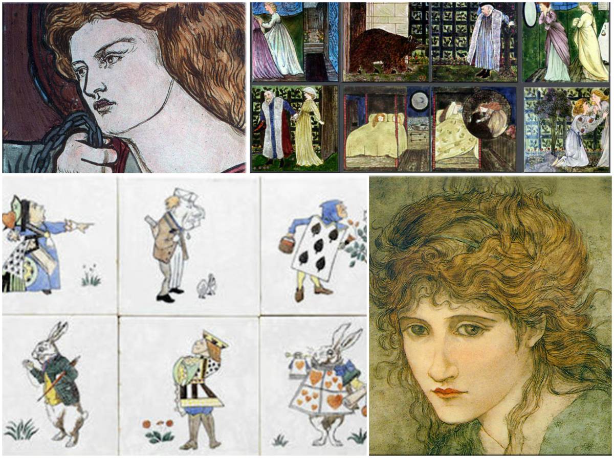 From top left: Bottom left: Unknown saint tile, one of at least nine, painted by Dante Gabriel Rossetti before 1863;  Edward Burne-Jones Beauty and the Beast fairy tale tiles for Morris, Marshall, Faulkner and Co.; CFA Voysey Alice in Wonderland tiles for Minton; Glasgow School tile painted by Hannah Moore Walton in the style of Edward Burne-Jones.